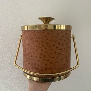 MCM vintage ice bucket drinkware gold tone vegan ostrich leather mid century